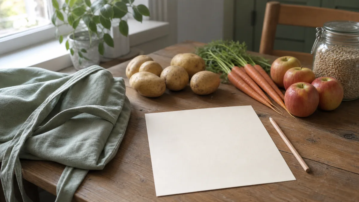 Продукты, многоразовая сумка, чистый лист и карандаш на кухонном столе
