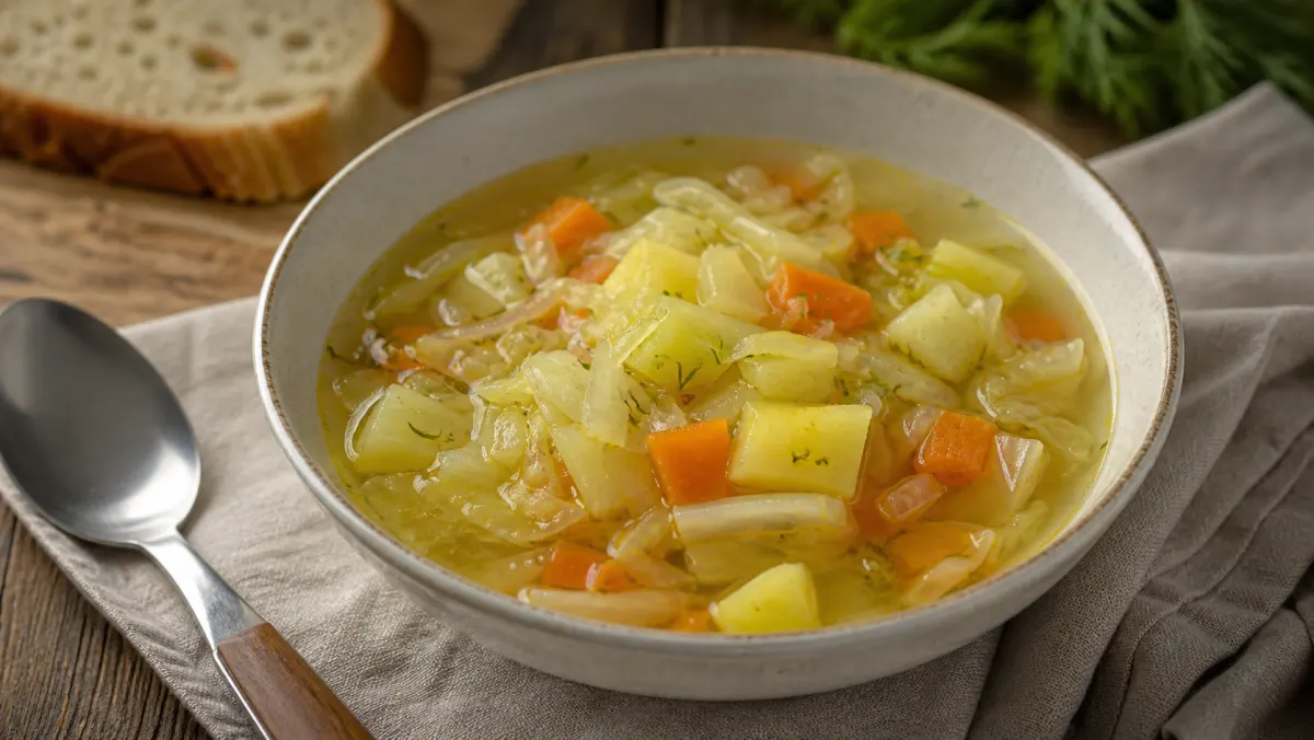 Овощной суп с капустой, картофелем и морковью в керамической миске